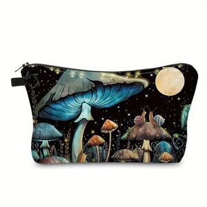 Blue Mushroom & 2 Snails Lightweight Zippered Cosmetic Makeup Bag Double Sided